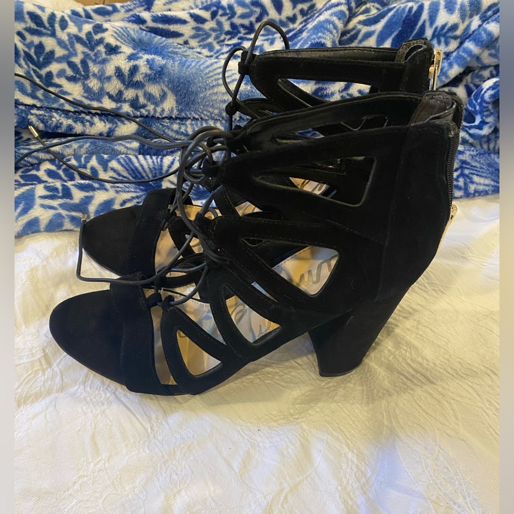 Sam Edelman Yardley Black Suede Caged Lace Up Block Heels 8.5